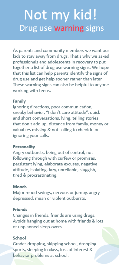 A list of substance use warning signs for parents to watch for in their teenage children 